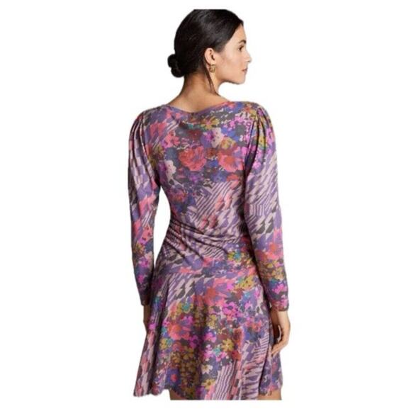 ANTHROPOLOGIE MINI DRESS RUCHED PURPLE /PINK SZ L ECLECTIC COTTAGECORE NEW - Picture 3 of 16